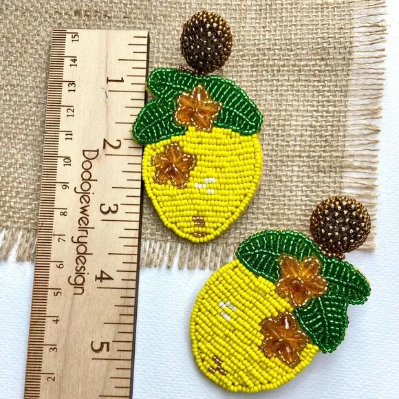 Lemon Beaded Statement Earrings: Handmade Summer Fruit Jewelry - Picture 9 of 10